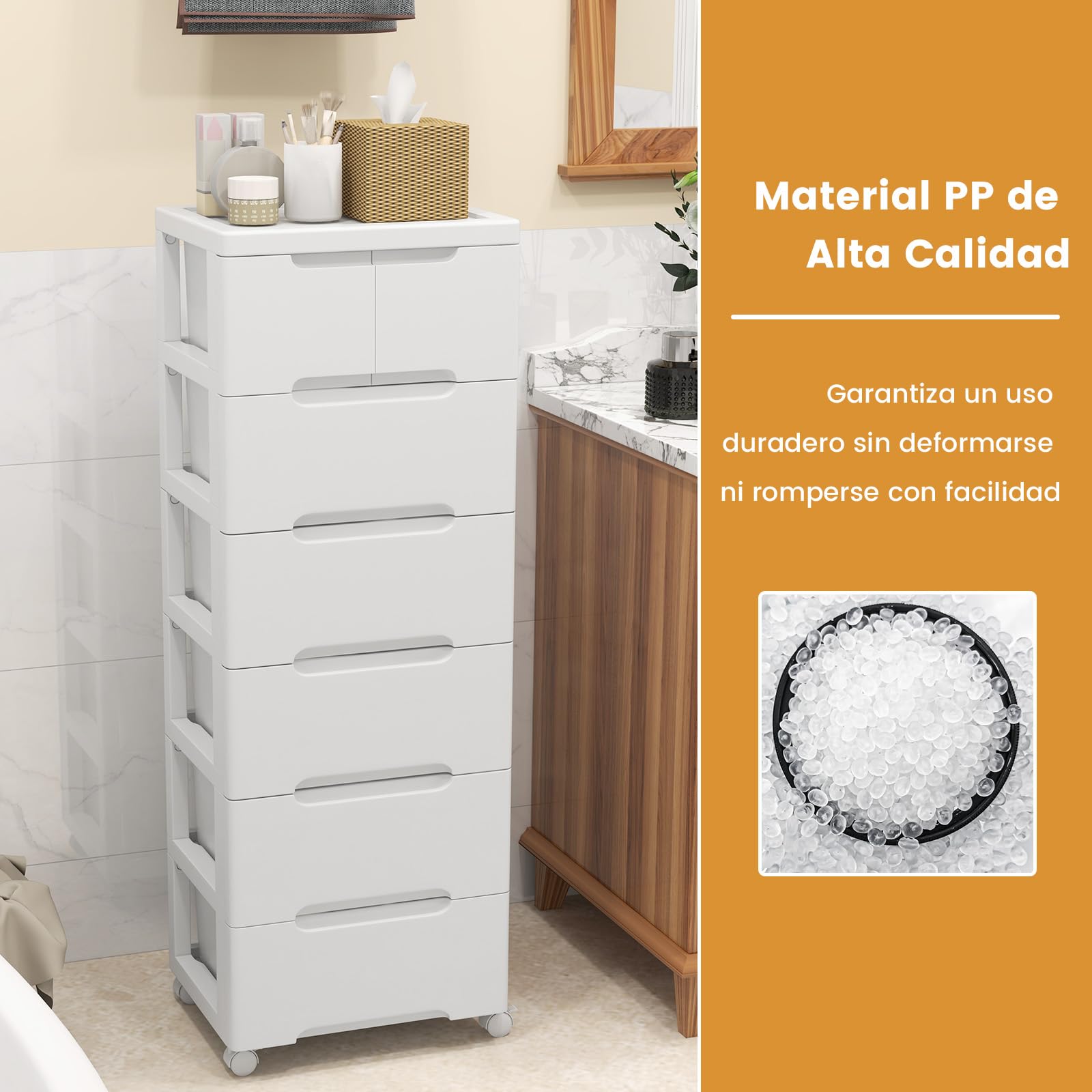 GOPLUS Carro de Almacenamiento de Plástico con Cajones, Mueble Organizador Móvil con 4 Ruedas Universales, Contenedor de Almacenamiento Vertical para Dormitorio, Oficina (Blanco, 6 Cajones)