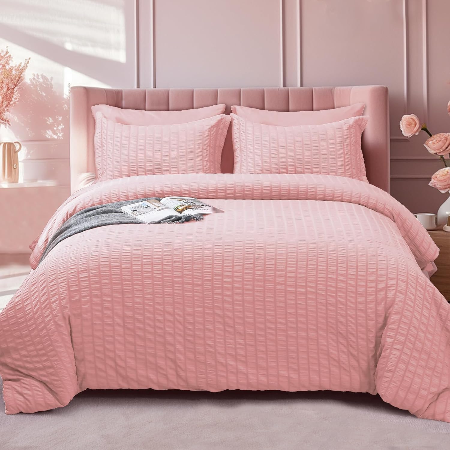 HYMOKEGE Pink King Size Comforter Set Seersucker 7 Pieces