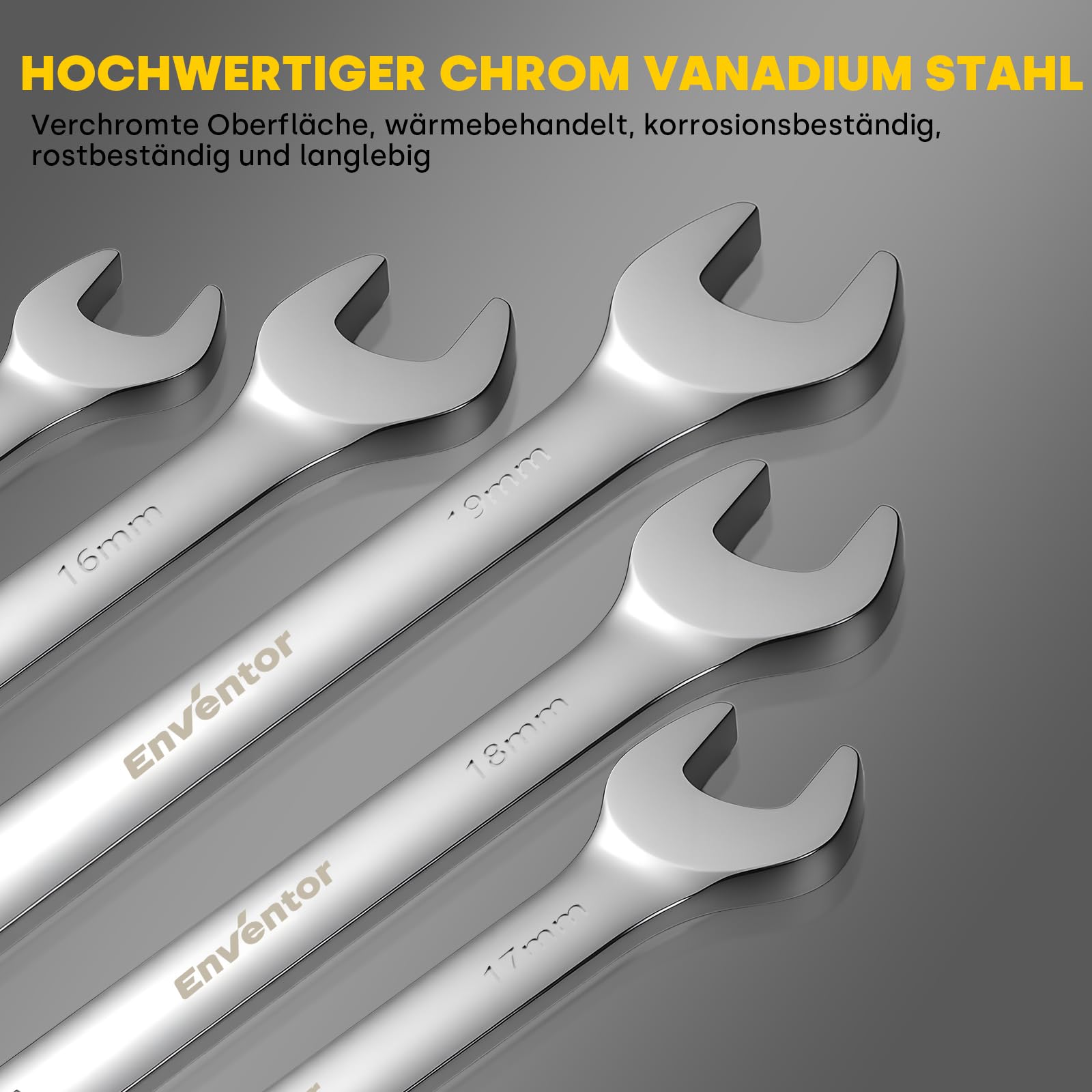 Enventor 14-Tlg Ratschenschlüssel Set, 90 Zähne,5° Schwenkradius–metrisch, 6mm bis 19mm, Ratschen-Kombinationsschlüsselsatz mit Tragetasche, Chrom-Vanadium-Stahl, Schwarz vernickelt