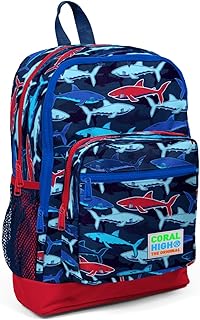 Coral High Kids Four Compartment School Backpack - Navy Red Shark Pattern