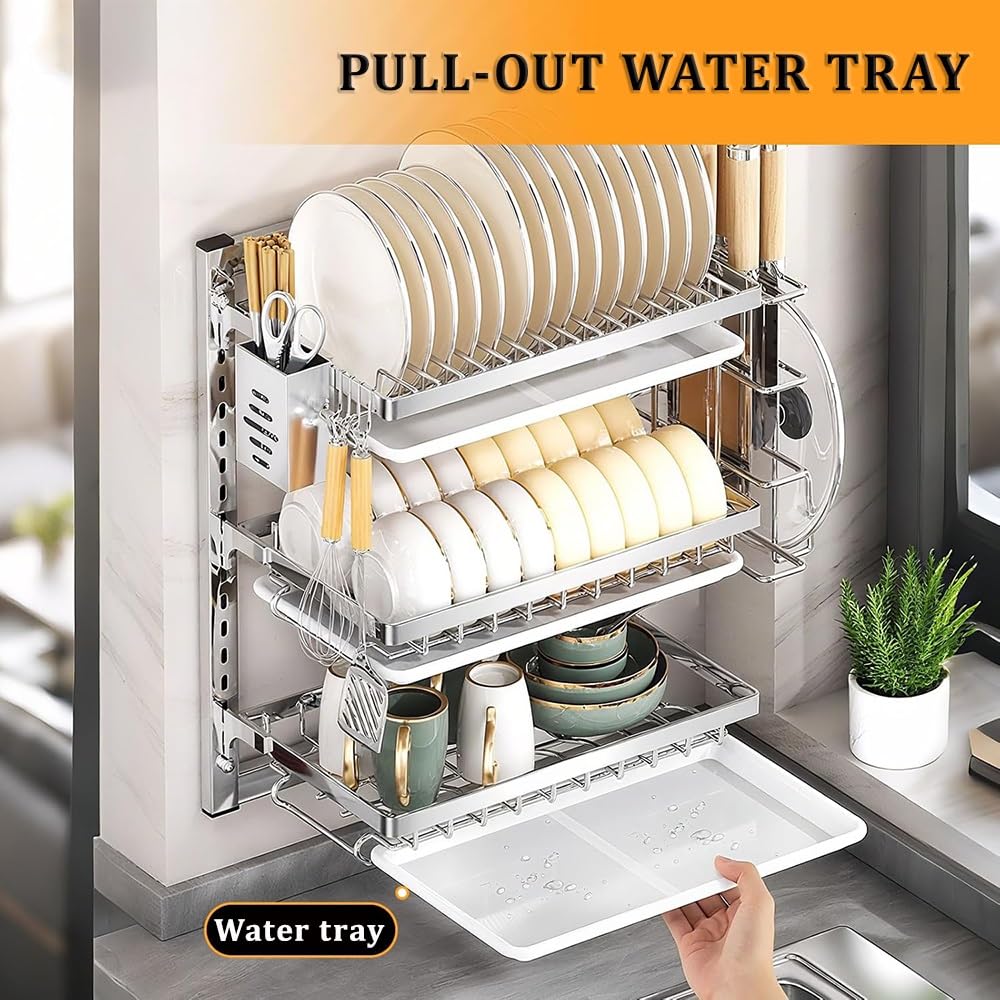 Égouttoir à vaisselle mural pliable avec plateau amovible Cuisine en acier inoxydable pour assiettes, verres, tasses et bols. Montage facile et peu encombrant pour les cuisines modernes