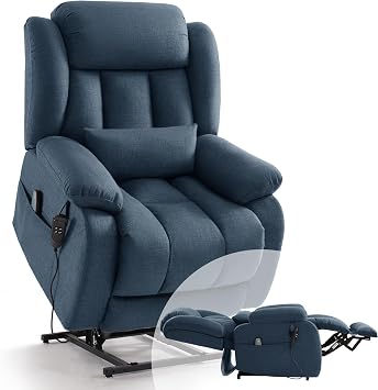 Infinite Position Lay Flat Power Lift Recliner Chair for Elderly, Blue | Dual Motor Power Lift Chair, Massage & Heating, Extended Footrest, USB Ports, Remote Control, Lumbar Pillow, Linen