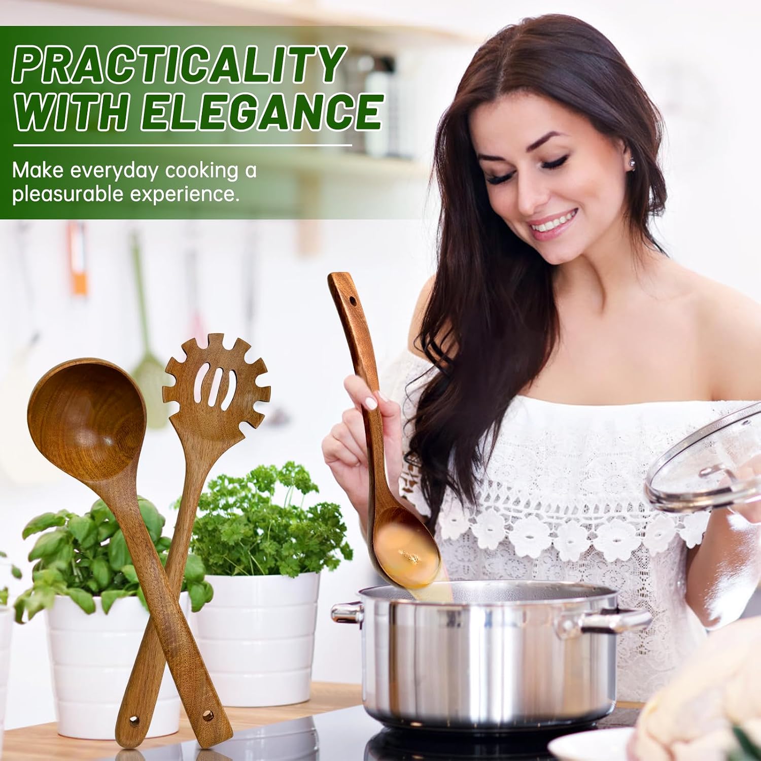 Wooden Ladle & Wooden Pasta Spoon Set, 2PCS Wooden Soup Ladle