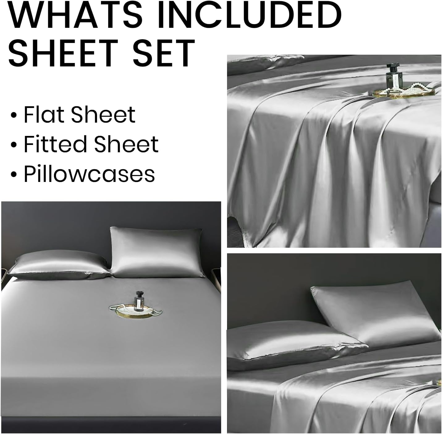 4 Pcs King Size Luxury Silky Soft Grey Satin Sheet Set,1 Premium Moisture Wicking Fitted Sheet Fits Up to 16 Inches Deep Pocket + 1 Flat Sheet + 2 Pillowcases（Grey, King）