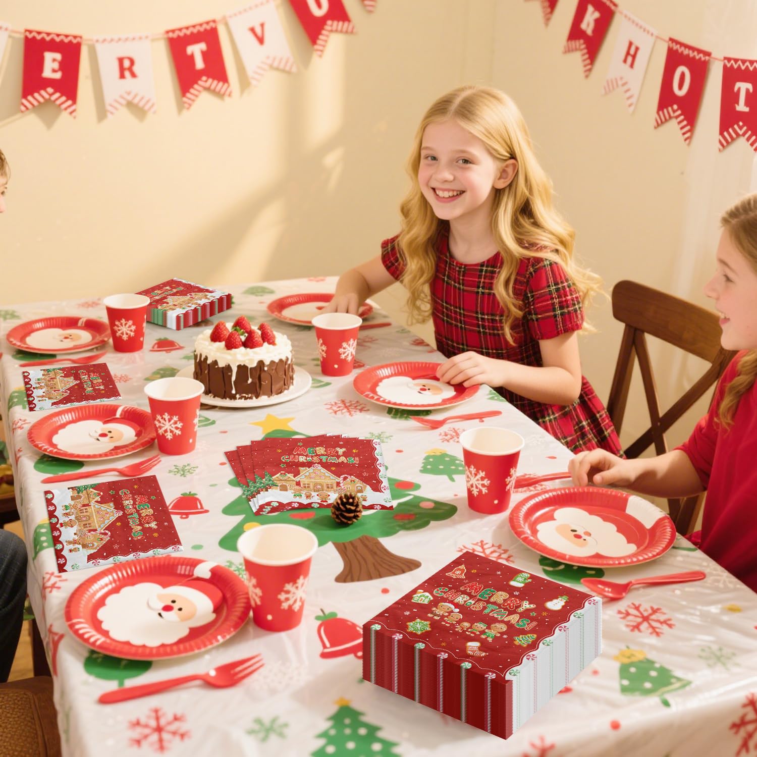 100 servilletas de Navidad de pan de jengibre, 13 x 13 pulgadas, copos de nieve, servilletas de papel para almuerzo, servilletas rojas de Papá Noel, para Año Nuevo, invierno, vacaciones, suministros