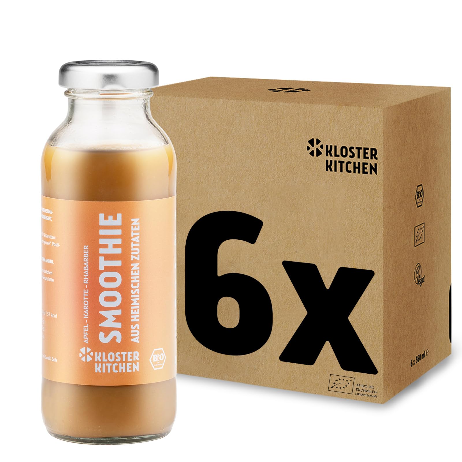 Smoothie bio jaune de Kloster Kitchen Pomme Carotte Rhubarbe 6x 250 ml I Superfood pour le petit-déjeuner vegan I Bouteille en verre à emporter I Superaliment à base d'ingrédients locaux