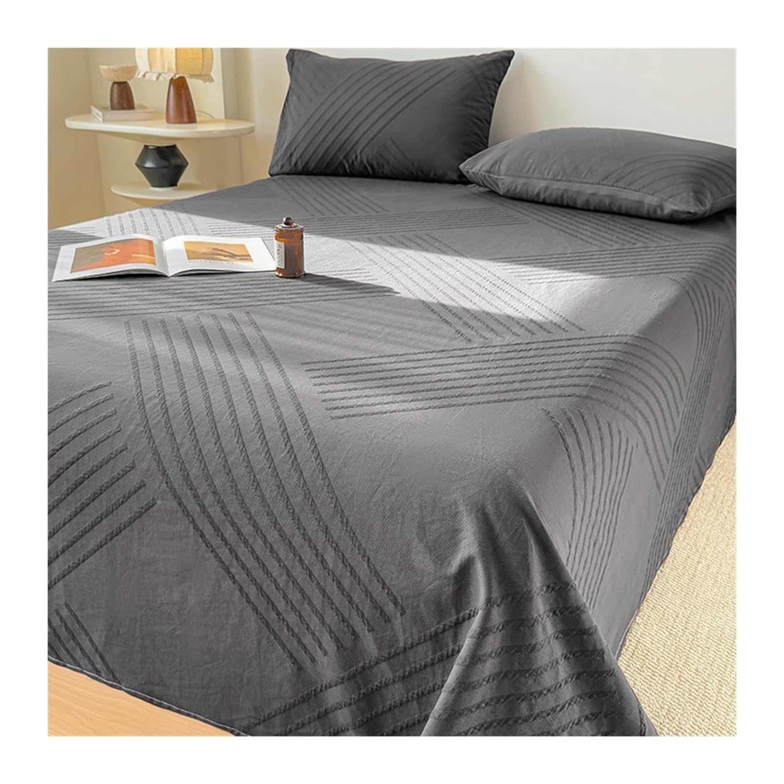 GBHMJU 100% Cotton Thick Flat Sheet Twin Full Queen Jacquard Machine Washable Breathable Top Sheet(Gray D,230x250cm+48x74cm x2)