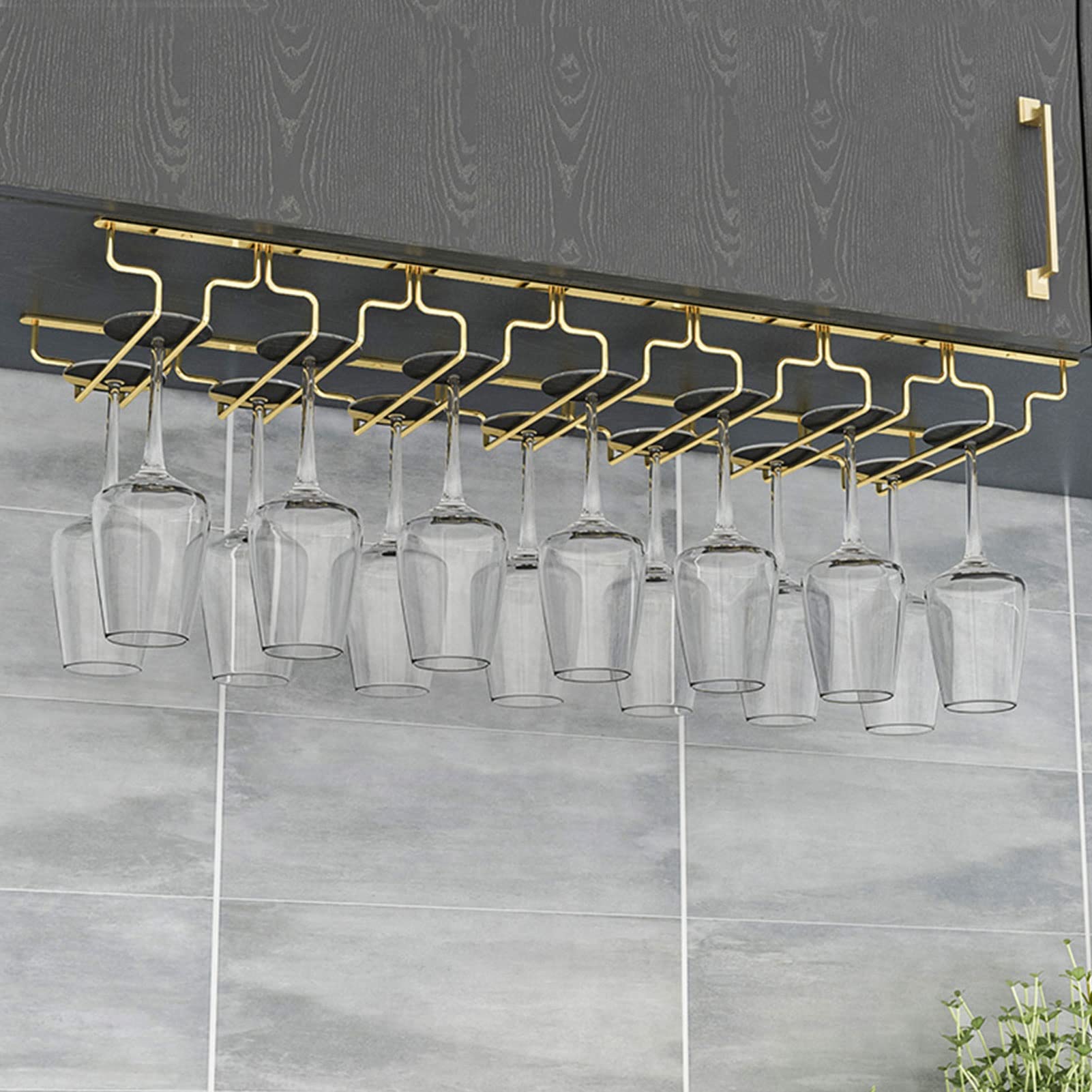 POLGDW Metal Wine Glass Rack Under Cabinet Stemware Holder for Kitchen Bar Restaurant Glasses Storage nizer Hanger Gold 80x22.5x5.5cm