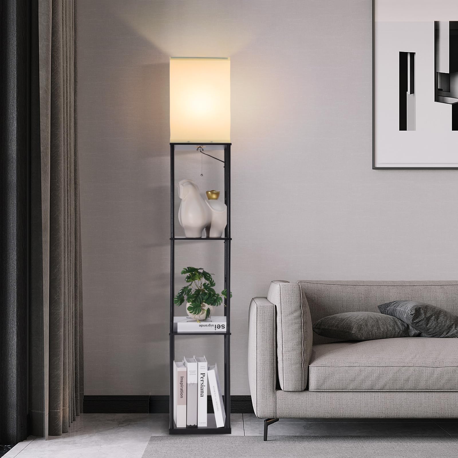 Lámpara de pie con estantes, moderna lámpara de pie cuadrada con bombilla de temperatura de 3 colores, lámpara de estantería de exhibición de esquina para sala de estar, dormitorio y oficina 7