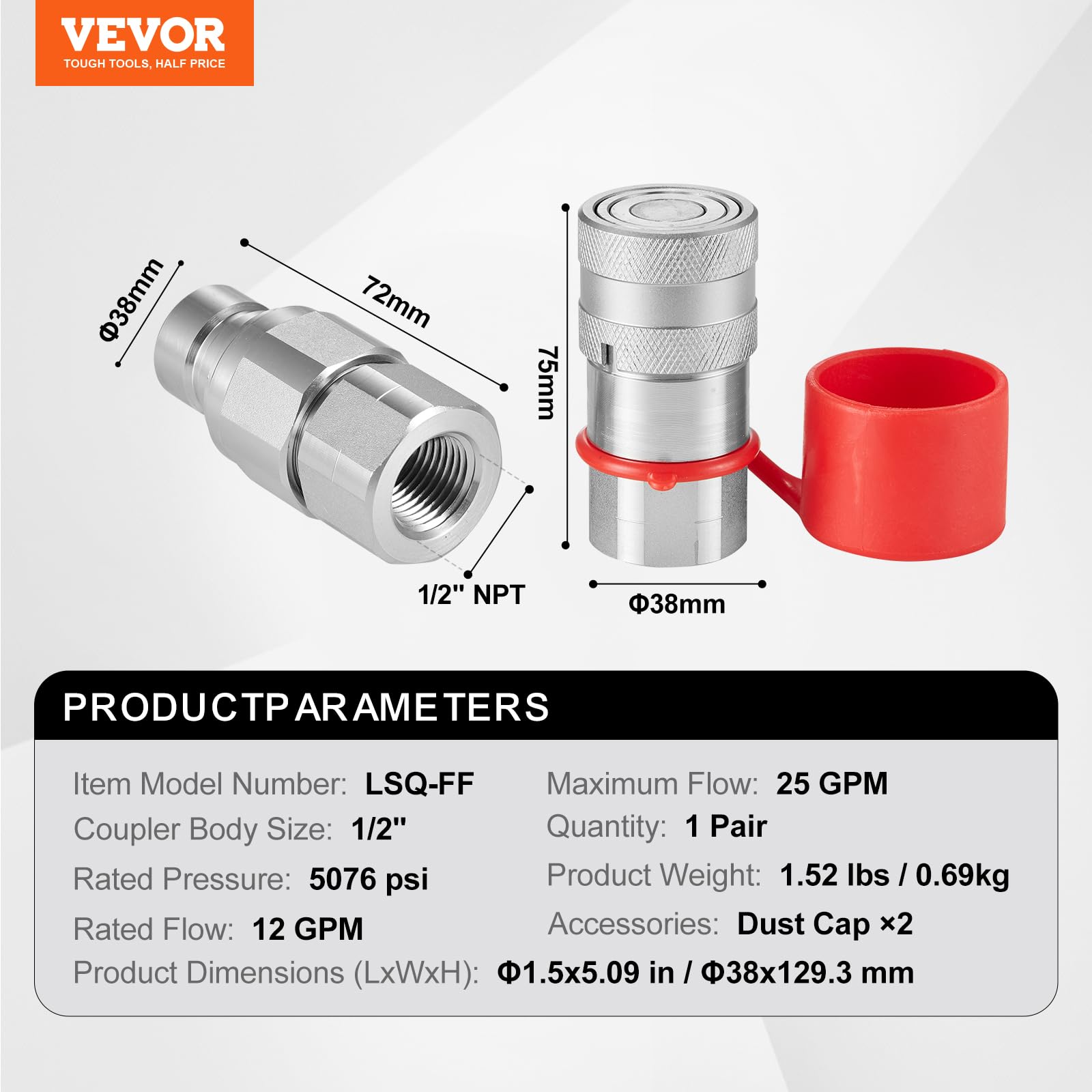 VEVOR 1/2-Zoll-Hydraulikkupplungen mit flacher Oberfläche, 1/2-Zoll-NPT-Hydraulik-Schnellkupplungen für Kompaktlader mit 2 Staubkappen (ISO16028)