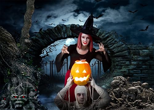 Miniatura 3 de AIIKES Telón de fondo de fotografía de Halloween de 7x5 pies para Halloween, noche, cementerio, horror, noche, cerca, puerta de hierro, cráneo,