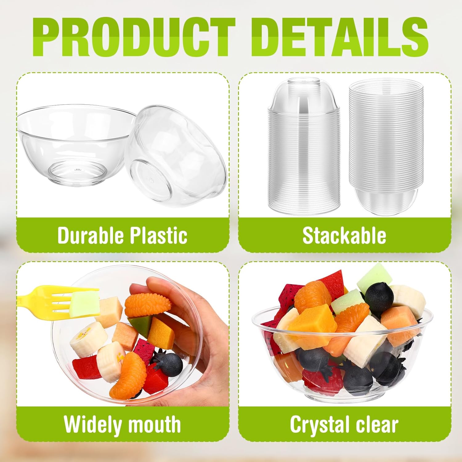 Honeydak 300 Pack 10oz Clear Plastic Bowls Bulk Hard Crystal Disposable Dessert Bowls for Salad Ice Cream Fruit Snack Parfait Catering Easter Wedding Picnic Home School Event Party Supplies