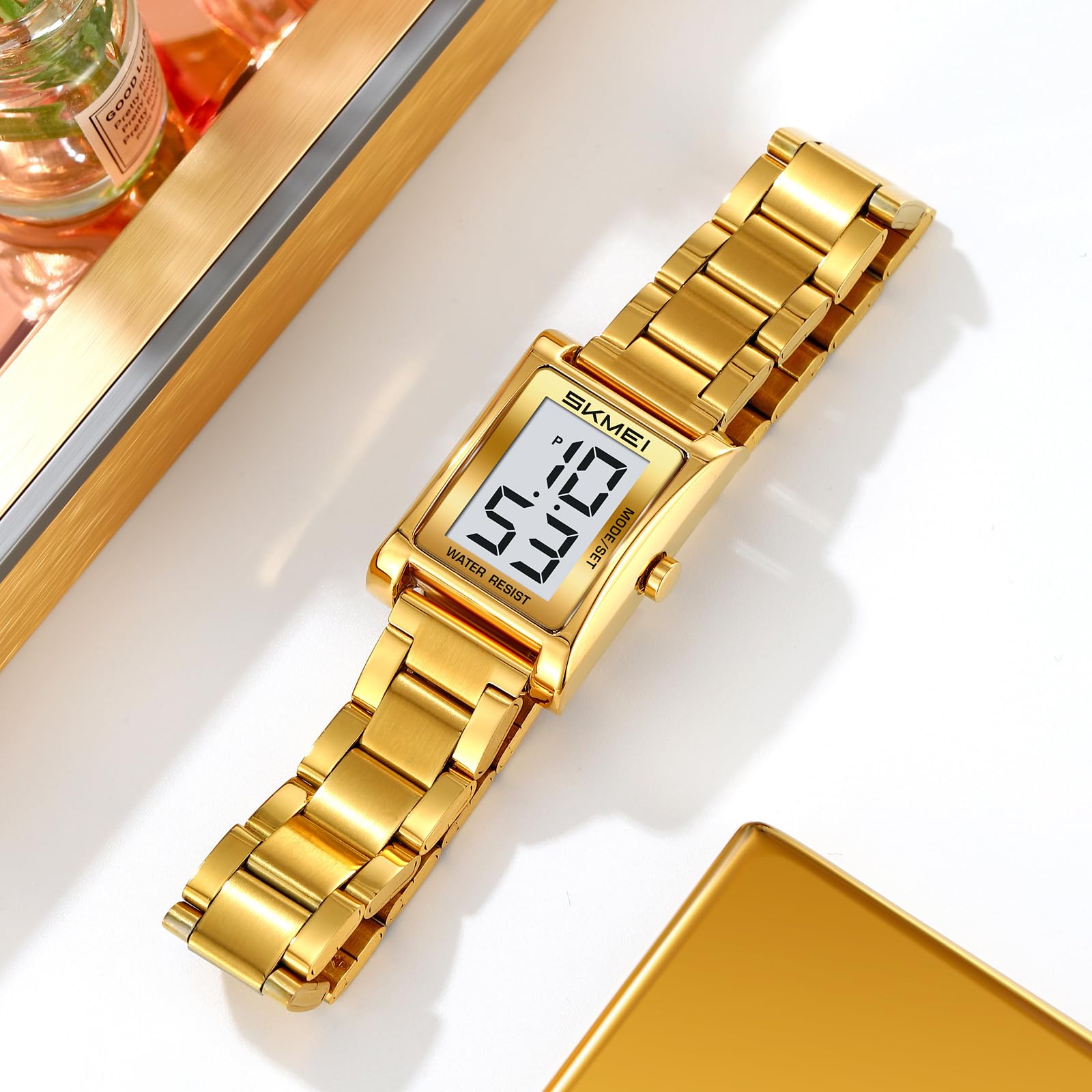 Gosasa Reloj digital rectangular para mujer, correa de acero inoxidable, gran número, impermeable, pulsera dorada, casual, visualización de 12/24 horas, fecha y día