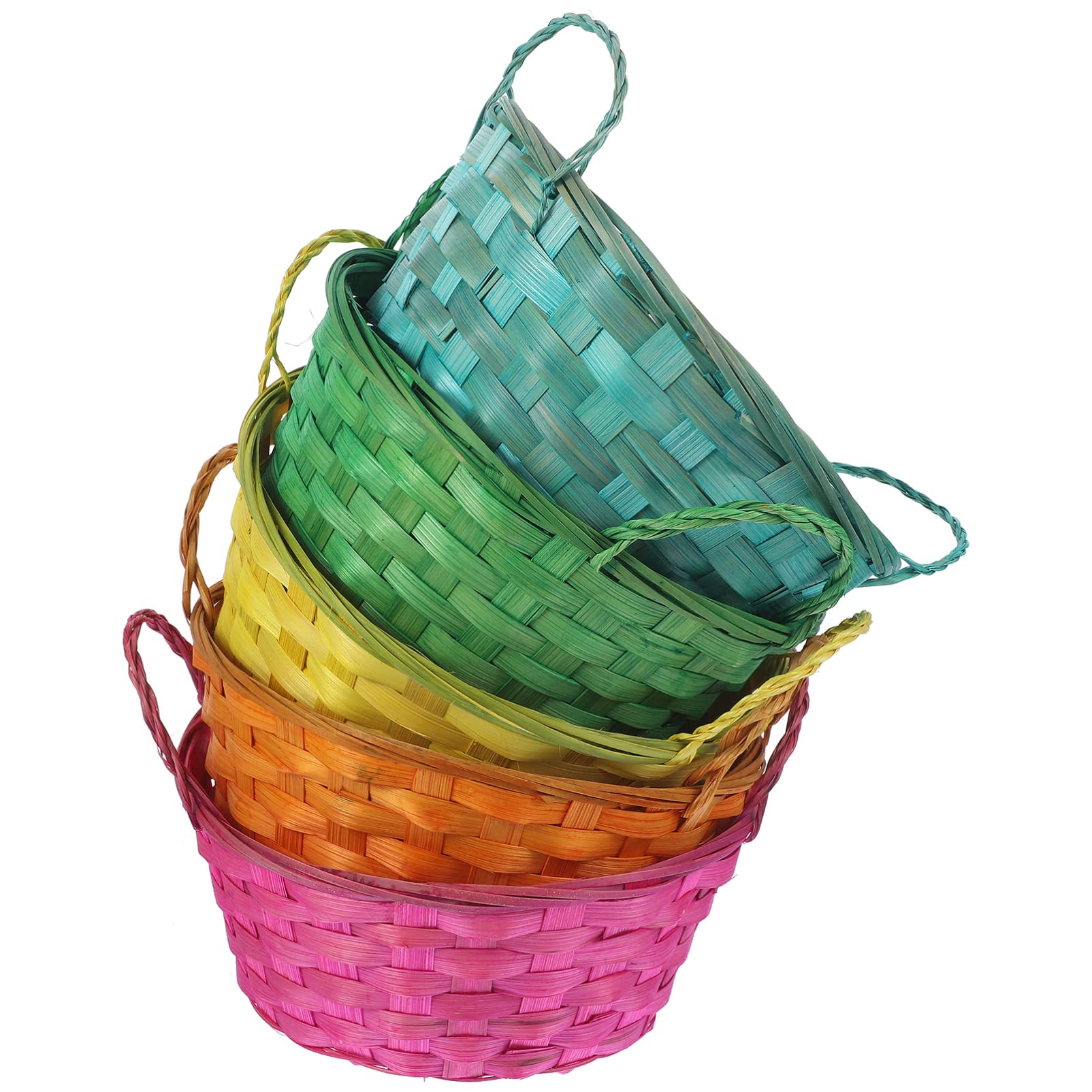 5pcs Easter Egg Basket Bamboo Plaid Basket 20X8CM Round Woven Wicker Bucket for Bread Picnic Container (Random Color)