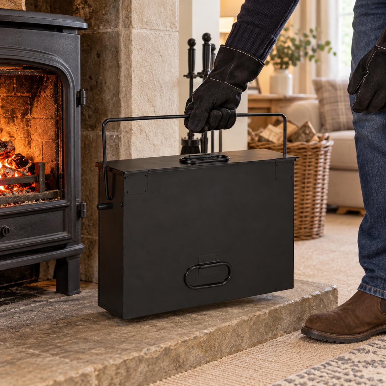 Muddy Hands Metal Hot Ash Bucket with Lid Fireplace Fireside Storage Tidy Carrier Bin Box (Black)