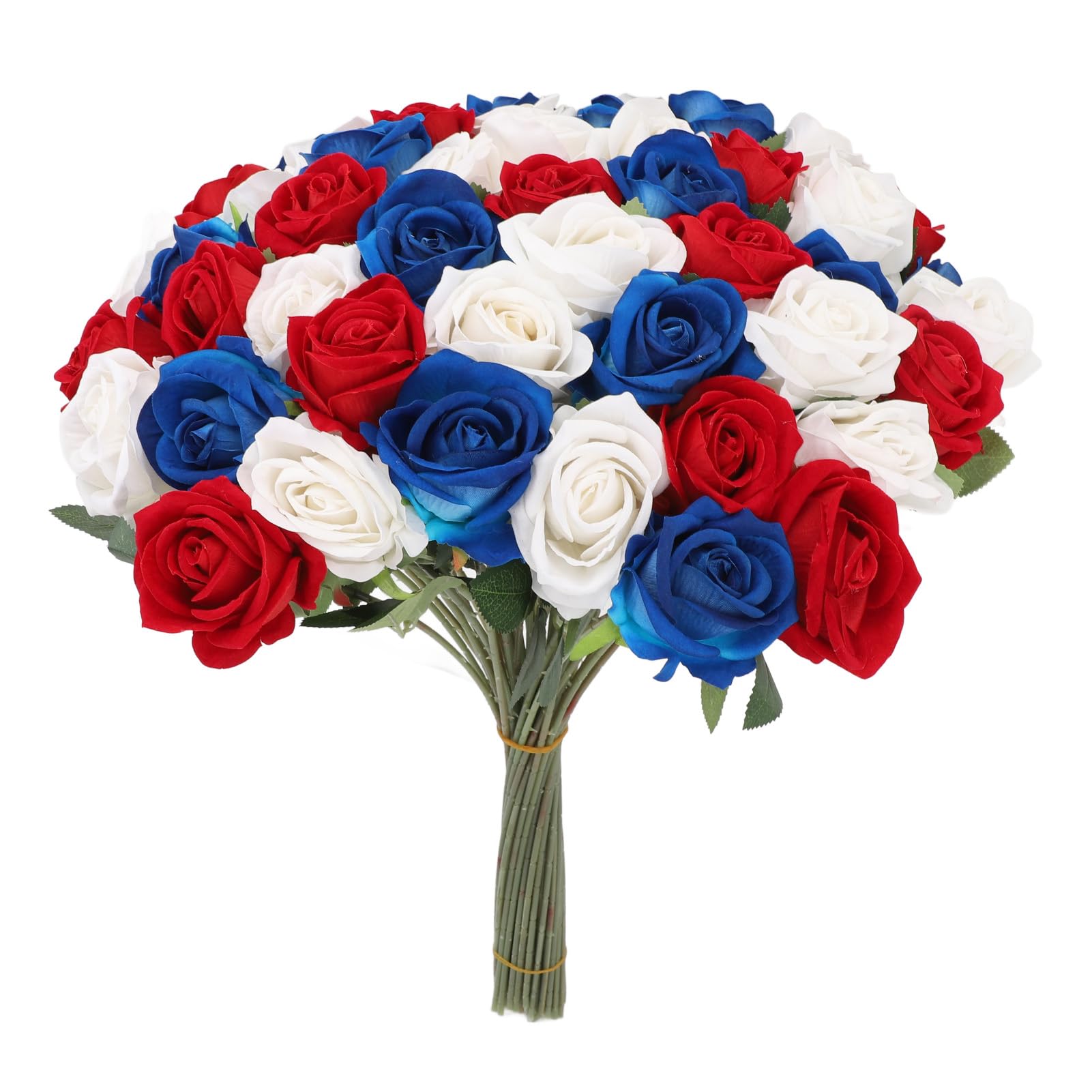 Luocute 50 Pièces Bouquet de Roses Artificielles Réalistes Rouge Bleu Blanc