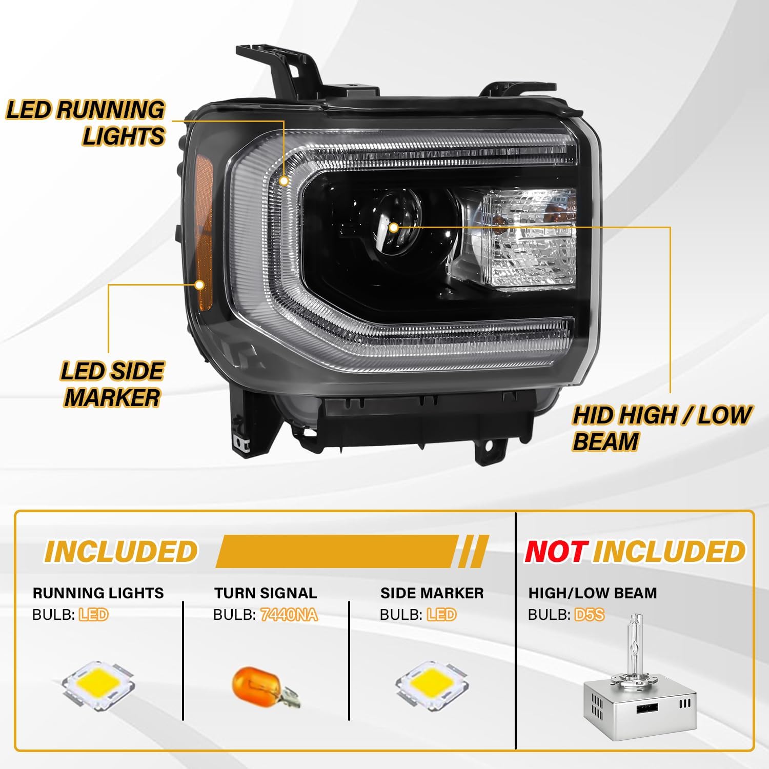 Xenon Headlight Assembly Compatible with GMC Sierra 1500 2016-2018 Headlamp, HID Projector Headlight with LED DRL for GM2502453 84046790 GM2503453 84046791, w/o D5S Bulb, Black Housing Pair