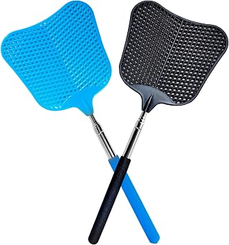 Fly Swatter, Flexible and Durable Telescopic Stainless Steel Retractable Handle ,Manual Fly swatters for Home,Garden,Classroom and Office 2Pcs Black& Blue
