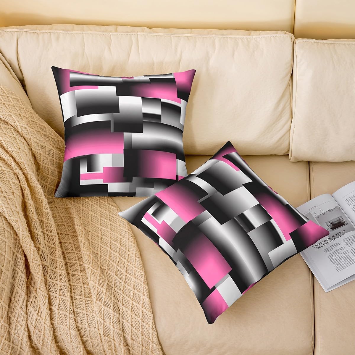 Feelyou Geometric Reversible Throw Pillow Covers Kids,Pink Black Grey Geometric Square Cushion Covers Set of 2 for Bed Sofa Couch,Stripe Line Pillow Covers Home Decor Modern Art 24 x 24-Inch