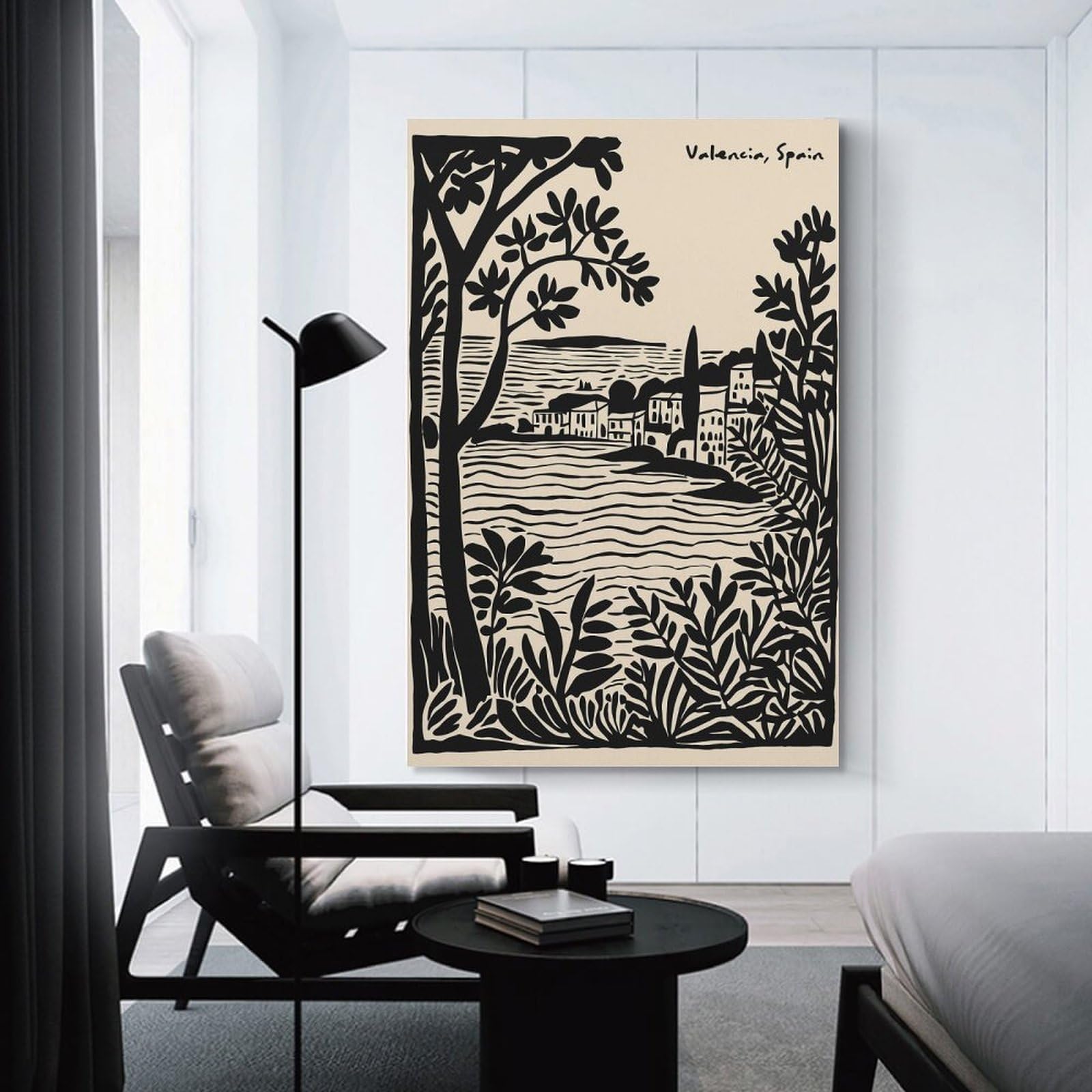 Junmoney Valencia, Spain - Black And Beige Illustration Canvas Wall Art 24x36inch(60x90cm), for Home Lounge, Bedroom Or Reading Nook, Eye Catching Artwork for Blank Walls