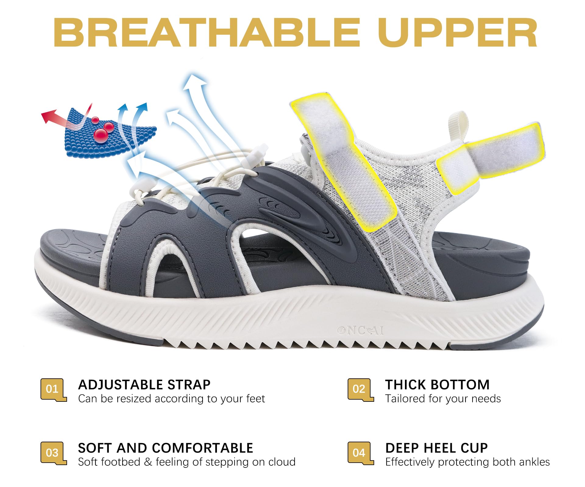 ONCAI Sandalias Mujer Caminar, Arco Soporte Sandals de Senderismo para Fascitis plantar,Antideslizante Sandalias de Deportivas Plataforma con Cordones Ajustables Talla EU 36-43