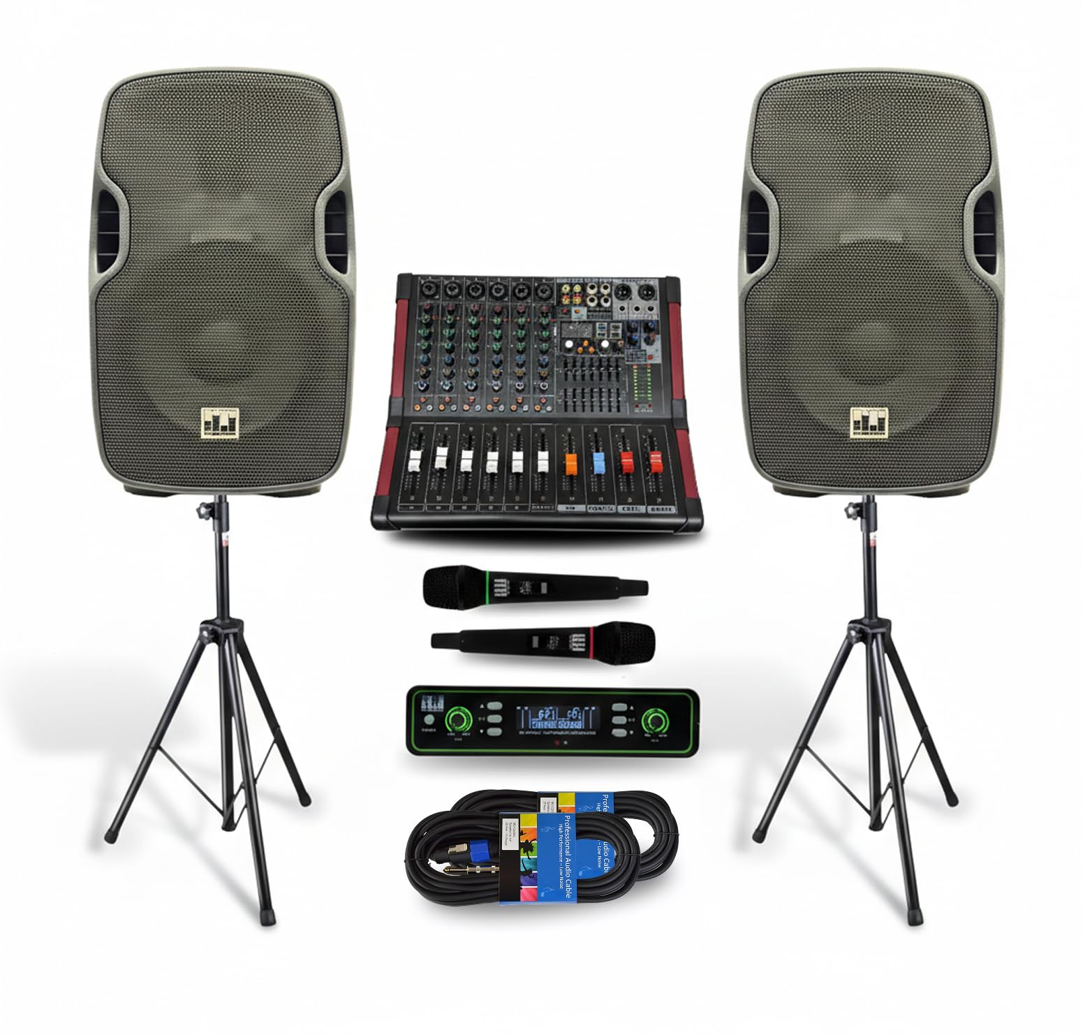 MUSYSIC Portable PA System with Wireless UHF Microphone, 10" 2000W Powered PA Speakers,Party, DJ Speakers, 6 Channel Audio Mixer, 800W Speaker with Wireless Microphone, Complete Kit w/Stands