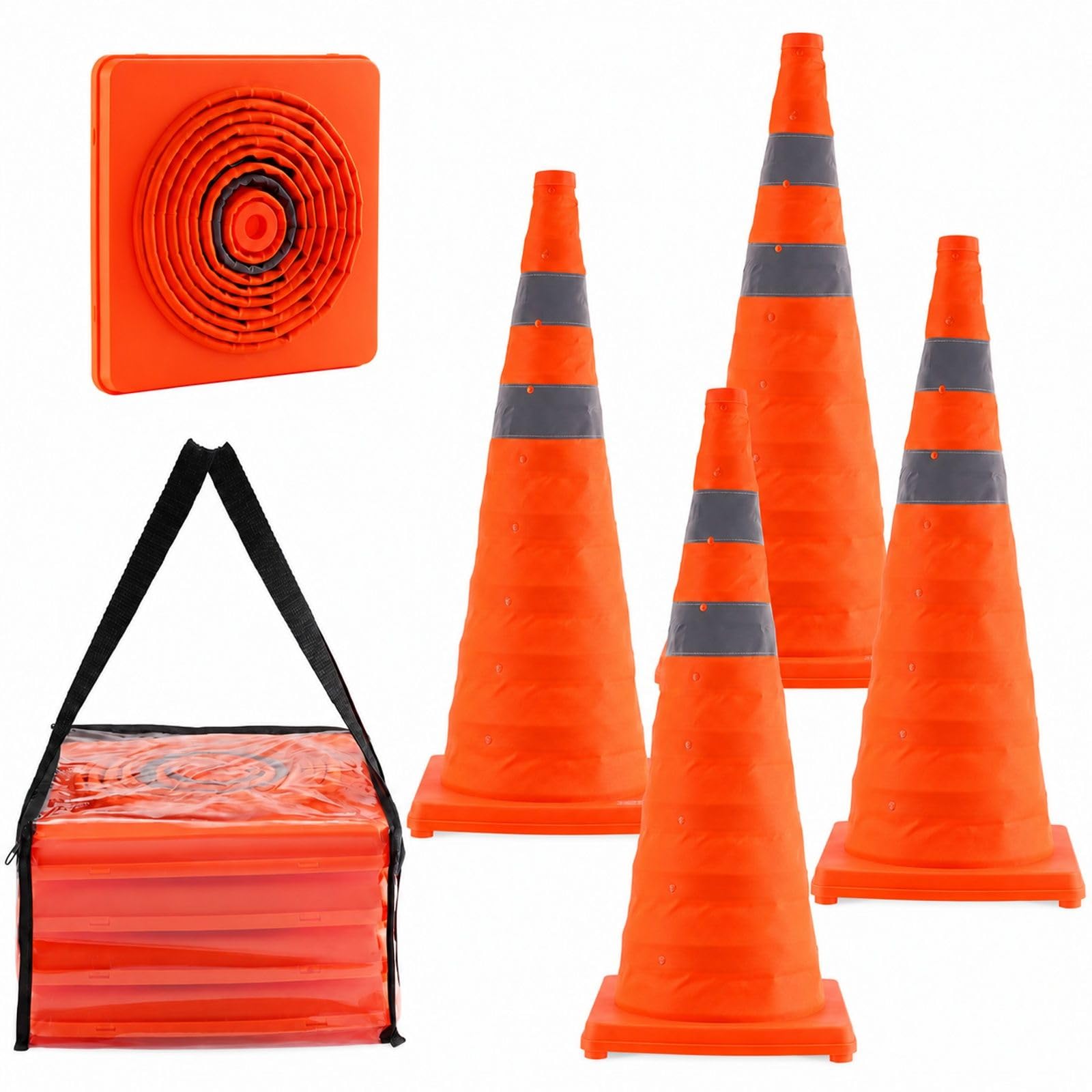 4 pièces cônes de signalisation Pliables avec collerette réfléchissante et Sac de Transport, pour Parking et contrôle de Circulation