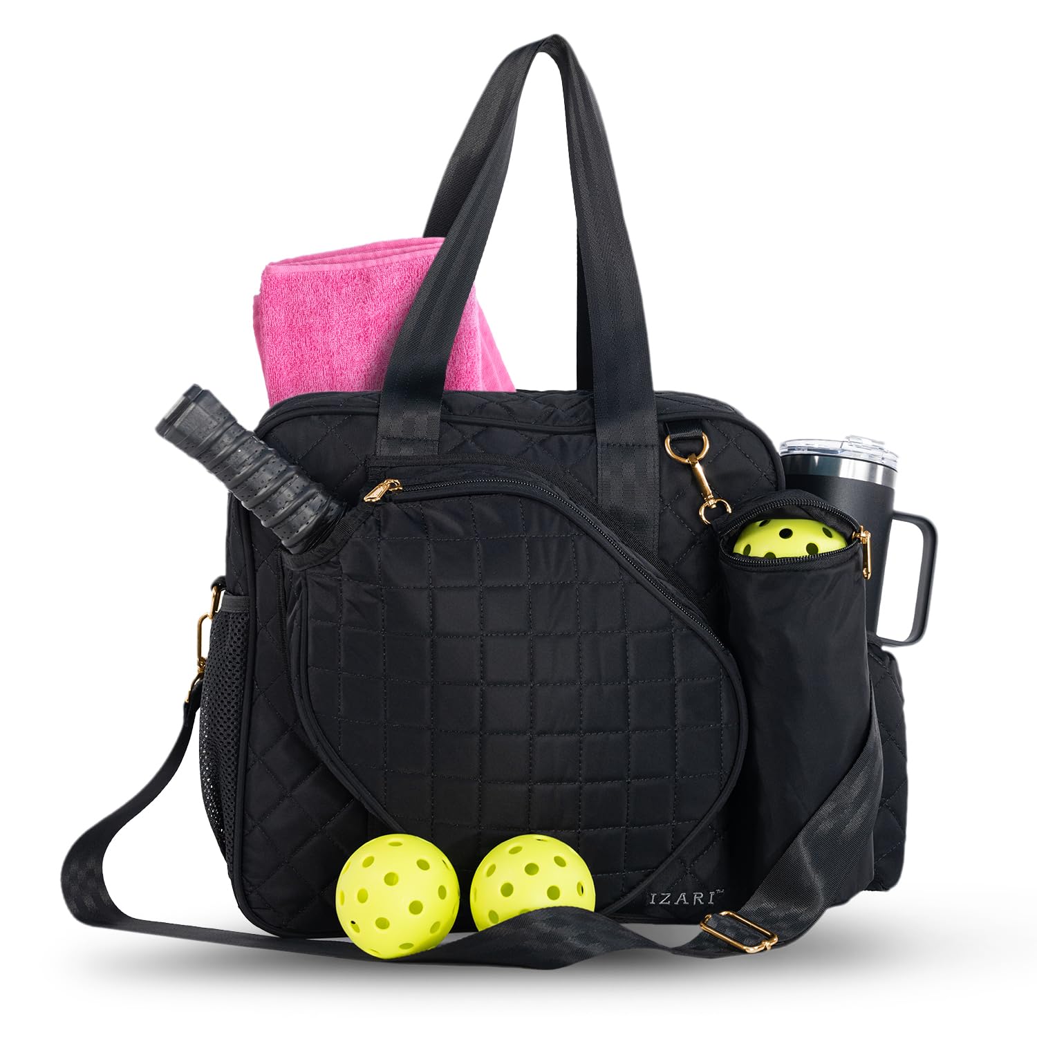 IZARI Designer Pickleball Bag For Women With Fence Hook | Original Stylish Quilted Sports Bag for Pickle Ball with Ball Bag