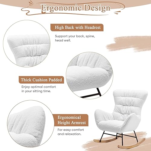Miniatura 4 de KINFFICT Mecedora decorativa, mecedora tapizada capitonada para guardería, cómoda silla con bolsillos laterales, moderna silla de descanso para sala
