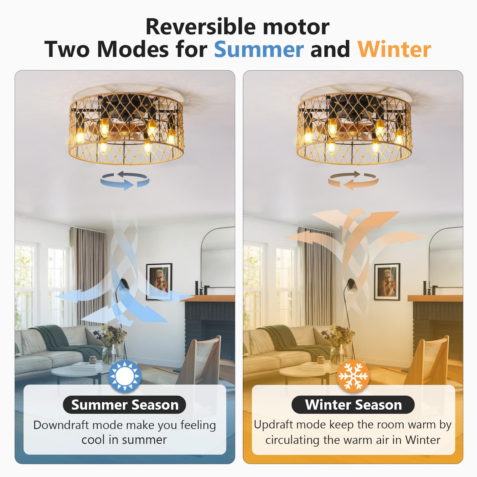 50 CM Ventola Da Soffitto Retrò Con Lampada, Corda Di Canapa Gabbia Agriturismo Lampadario Con Ventilatore Da Soffitto, DC Reversibile 6 Velocità Ventilatore Da Soffitto Con Luce E Telecomando-B