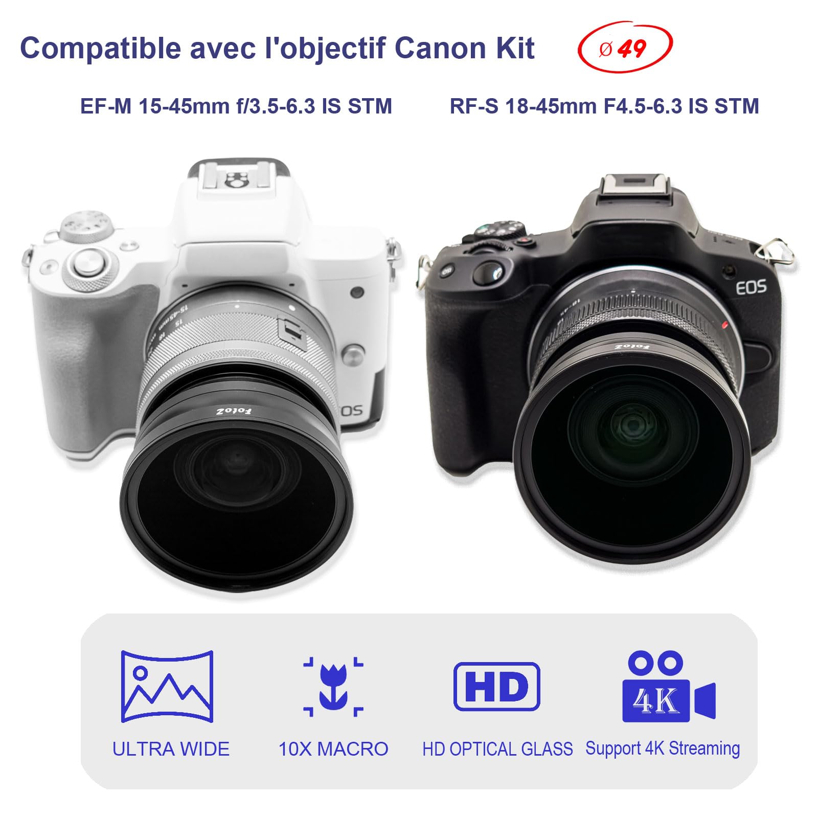 Objectif Grand Angle HD 49 mm 0,75x (avec Macro), pour Canon EOS M6 M50 Mark II M100 M200 Compatible EF-M 15-45 mm, R50 R100, Compatible RF-S 18-45 mm