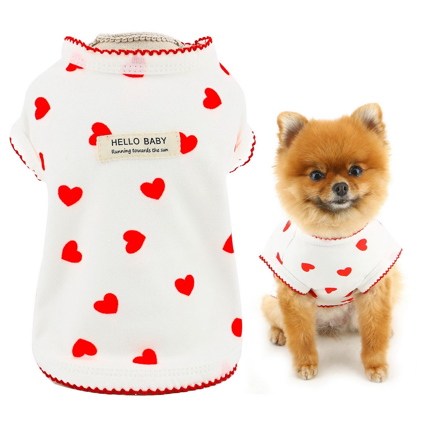 SMALLLEE_LUCKY_STORE Dog Shirt for Small Dog Girls, Pet Pullover T-Shirt with Heart Printed, Elastic Summer Clothes Ruffle Turn-Cuff Puppy Tank Top Chihuahua Yorkie Vest Cat Apparel, White, XXL
