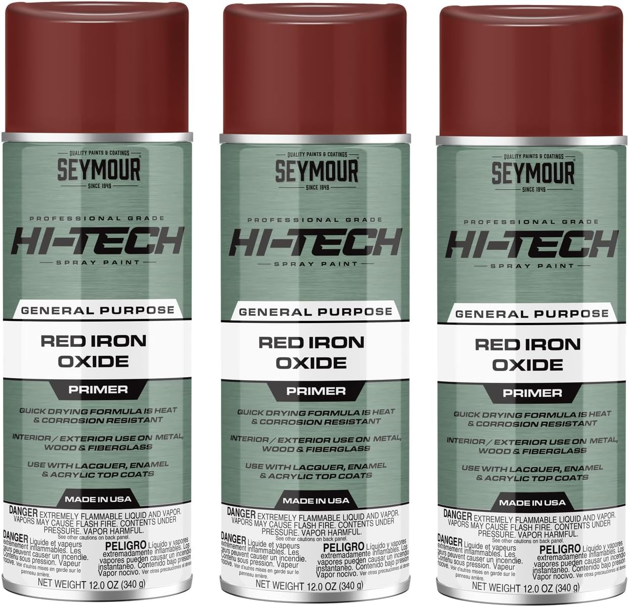 3-Pack Hi-Tech Red Iron Oxide Primer Spray Paint, 12 oz Cans – Model 16-807, Rust-Inhibiting Primer for Metal, Wood & Fiberglass