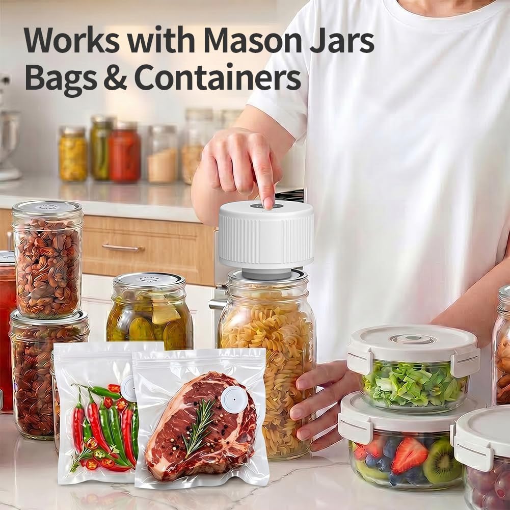 Vakuumierer für Gläser, Elektrischer Vakuumierer mit LCD Anzeige, Mini Tragbarer Mason Jar Vakuum Sealer Kabellos mit Weithals und Standardöffnung sowie für Vakuumbeutel, Weiß