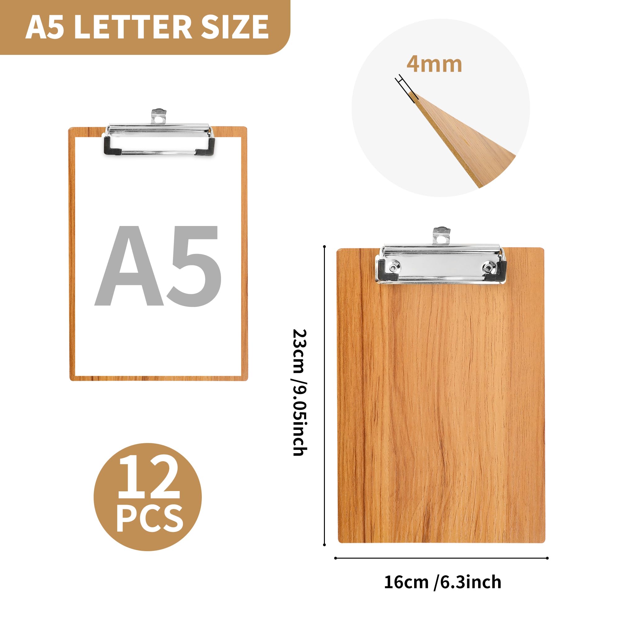 12 Pack A5 Wooden Clipboard, Hardboard Wooden Clip Board A5 - Image 2