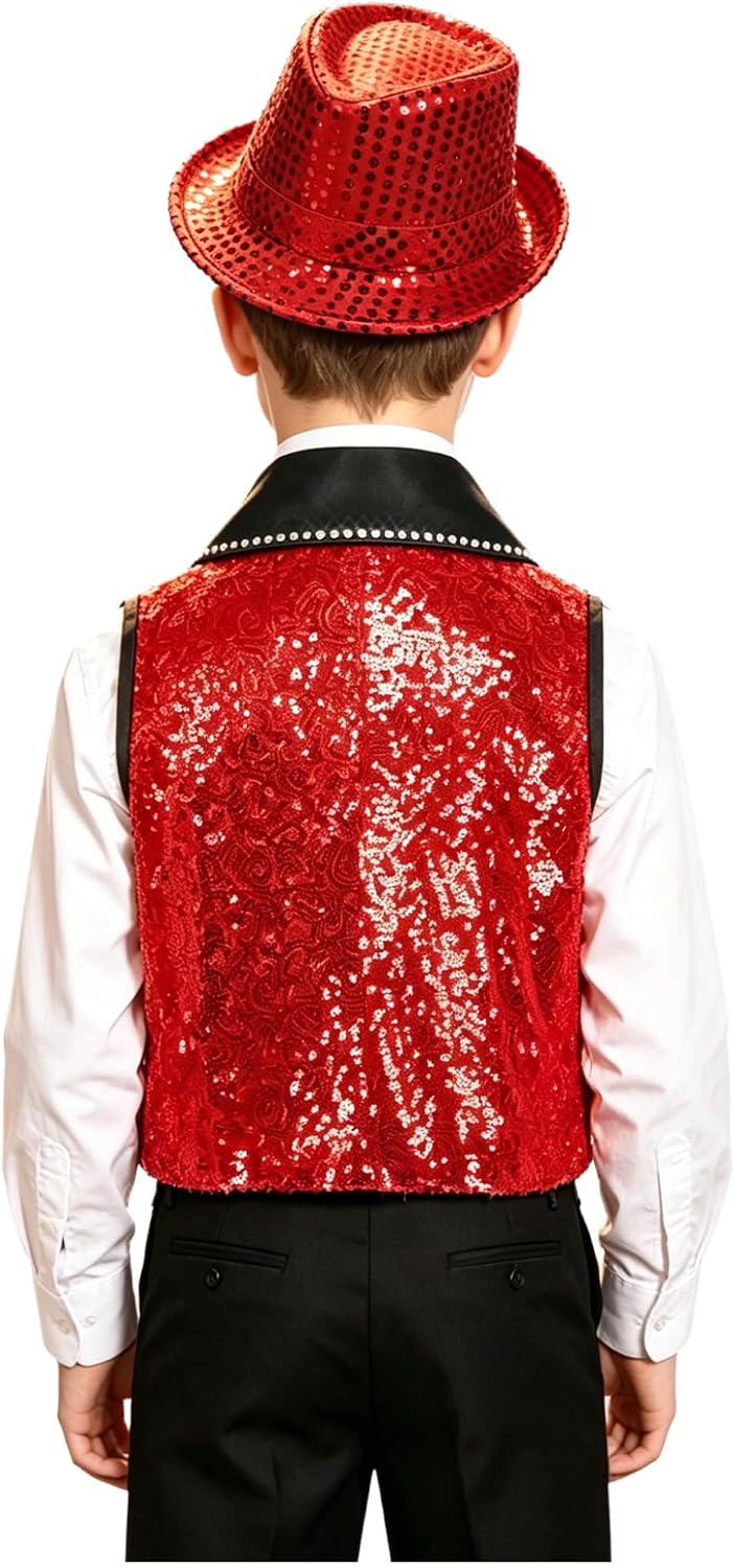 Boys Jazz Hip Hop Dance Vest with Top Glitter Sequin Button Down Jacket Top for Birthday Prom Party
