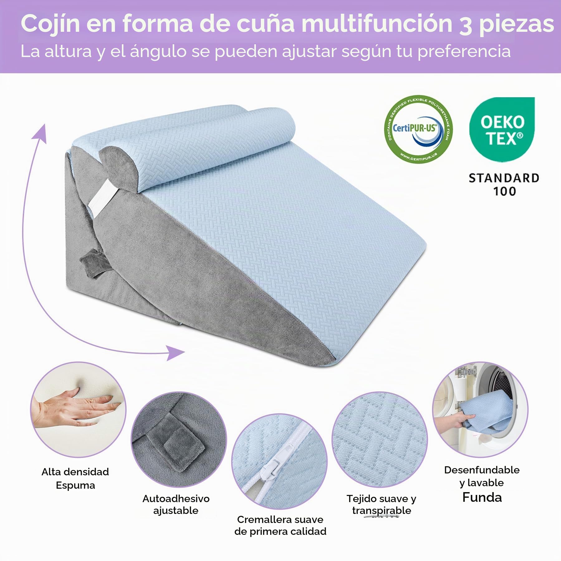 Babenest Almohada ortopédica de cuña para cama, juego de 3 almohadas triangulares con reposacabezas para elevación de piernas, después de la cirugía, reflujo ácido, soporte de espalda, cojín de