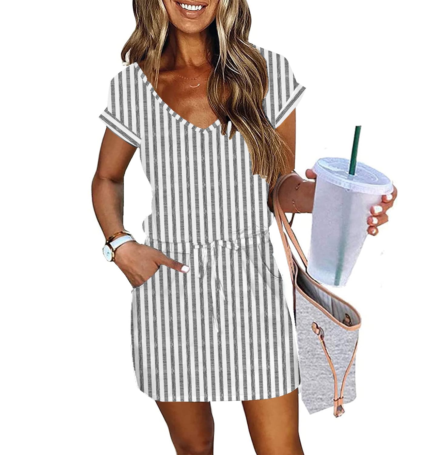Womens Summer Dress Lantern Sleeve Square Neck Tie Front A-Line Double Layer Hem Mini Dresses