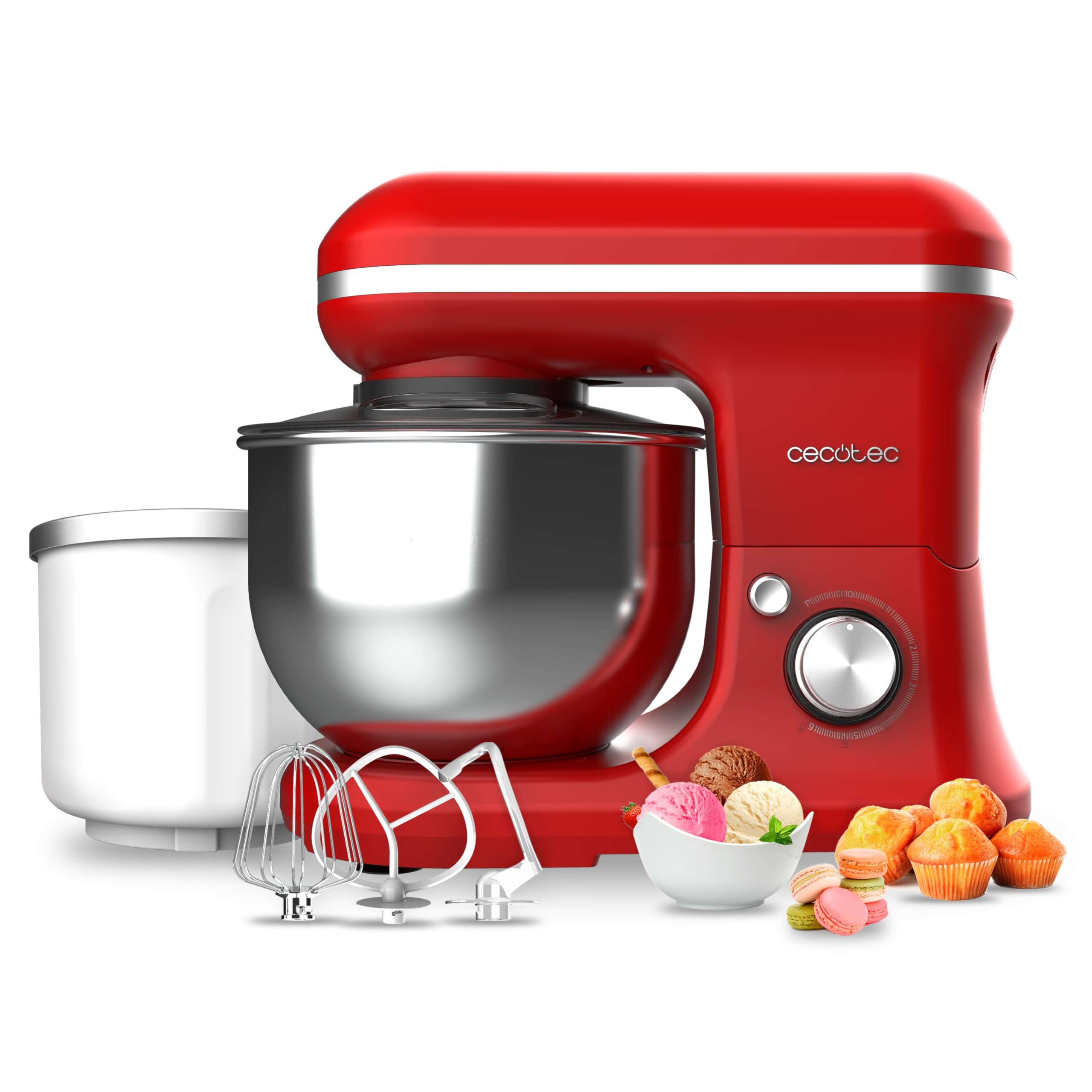 Cecotec Cecomixer Merengue 5L 1200 Ice-Cream Red 1200 W, 5 Function and Ice, 5 L Steel Bowl and Accessories for Beating and Kneading, Includes Ice Cream Maker Function