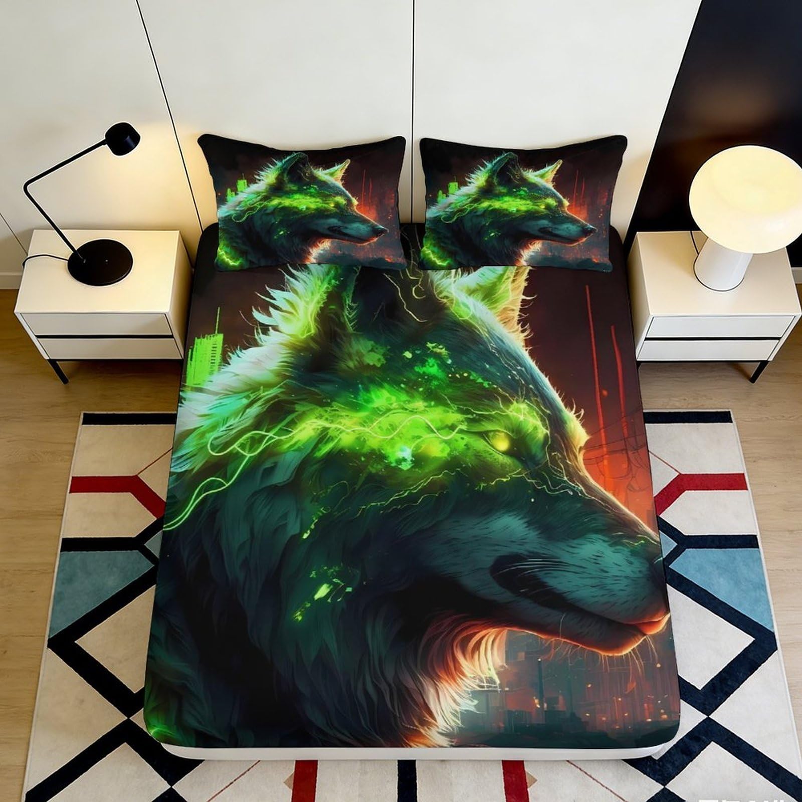 3D Printed Green Wolf Fitted Sheet Microfiber Soft Artistic Wild Forest Bed Cover for Bedroom Decor 90x200x25cm