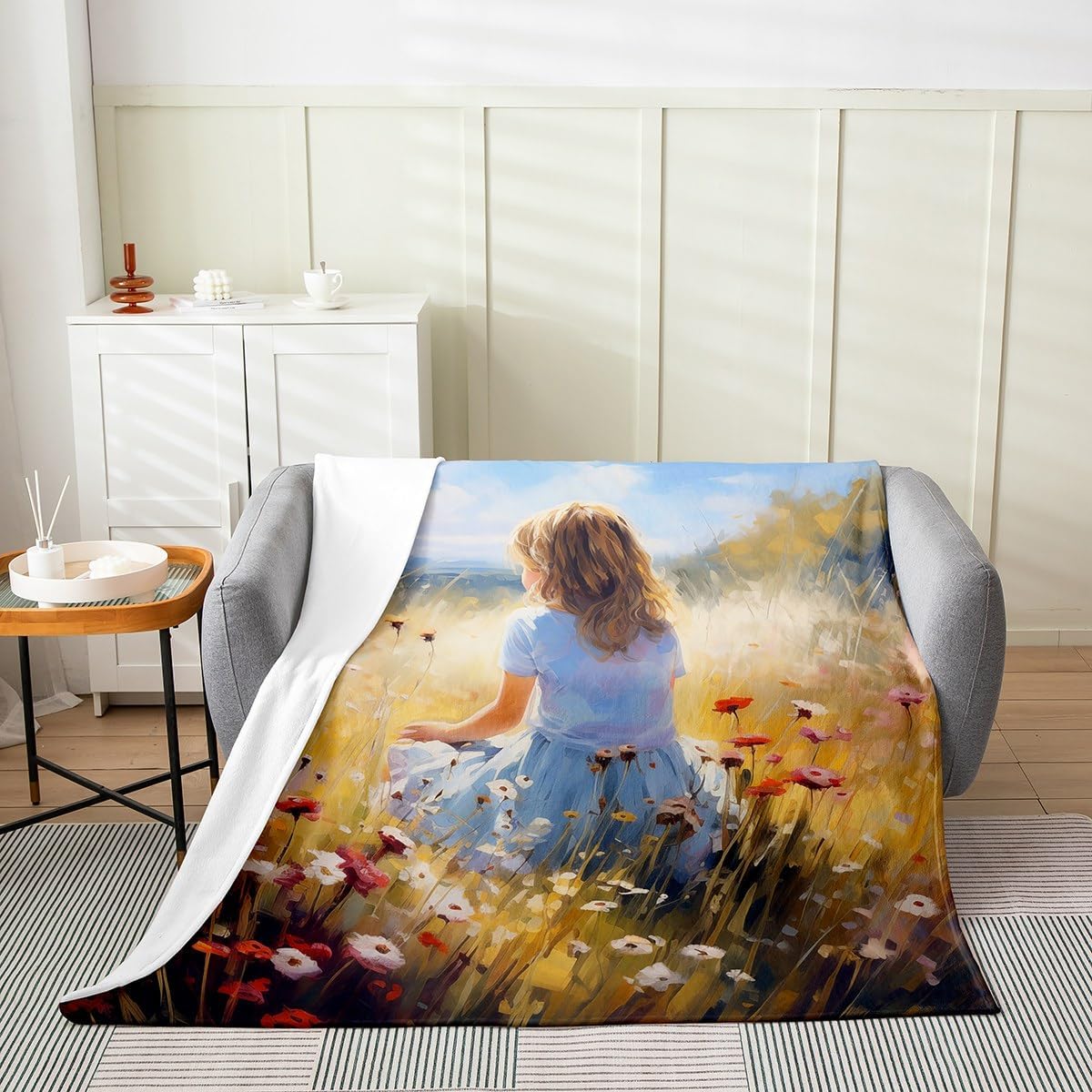 Kawaii Cat Fleece Blanket,Cute Bowknot Flowers Paint Dreamy Green Bed Blanket for Kids Teens,Lovely Pet Kitten Animal Flannel Blanket for Room Decor,Queen 90"x90"