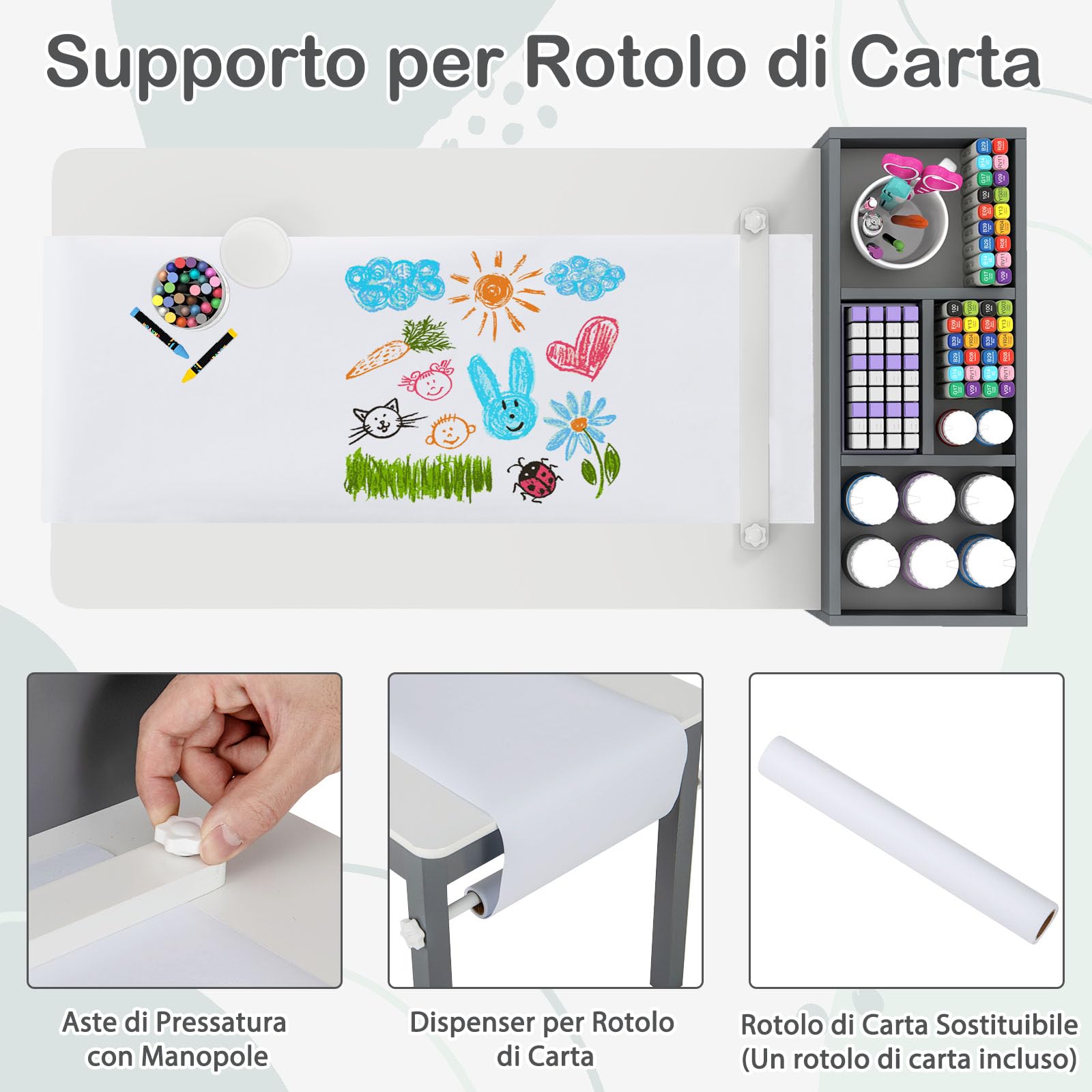 RELAX4LIFE 3 in 1 Set Tavolo e 2 Sedie per Bambini in Legno, con Rotolo di Carta, Mensole e 4 Cassetti in Tessuto, Mobile Montessori per Cameretta per Disegno e Cameretta, 100 x 50,5 x 58 cm (Grigio)
