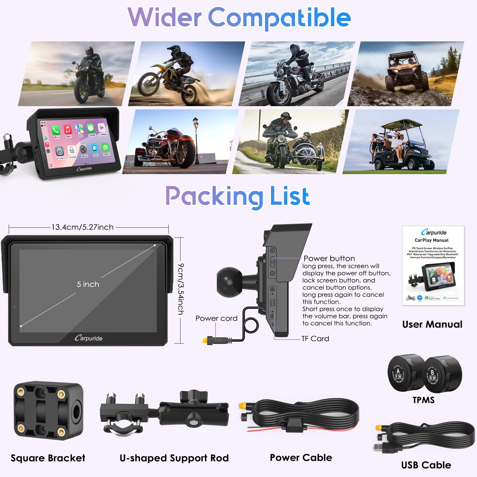 Carpuride W502TPRO do motocykli z CarPlay i Android Auto, TPMS i podwójnym Bluetooth – 5-calowy wodoodporny ekran nawigacji GPS do motocykli, interkom, korektor, czujnik światła, kompas, barometr