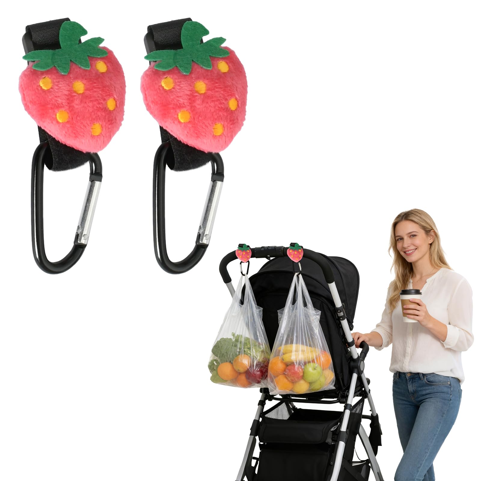 Rieoany 2 Pcs Buggy Clips Non-slip, Strawberry Adjustable Pram Clips, Reinforced Pram Hooks Anti-Shedding