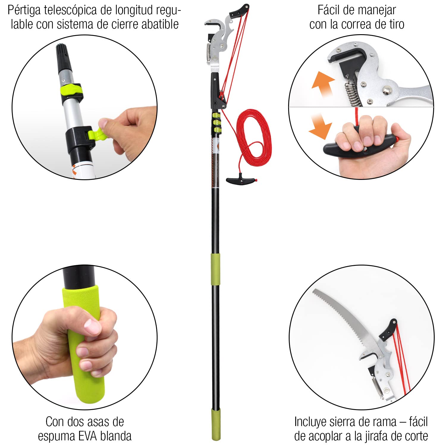 Iceberk | Podadora telescópica (1,20 – 3,70 m) + sierra – Tijeras de podar telescópicas para árboles y arbustos – Sin necesidad de escalera