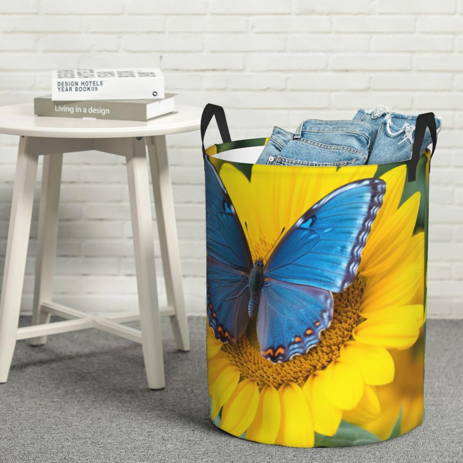 Fodpand Black Sunflower Blue Butterfly Laundry Basket With Handle, Freestanding Laundry Hamper, Collapsible Dirty Clothes Hamper, Waterproof Fabric Blanket Storage Basket Tall Toy Storage Bin Room Decor Medium