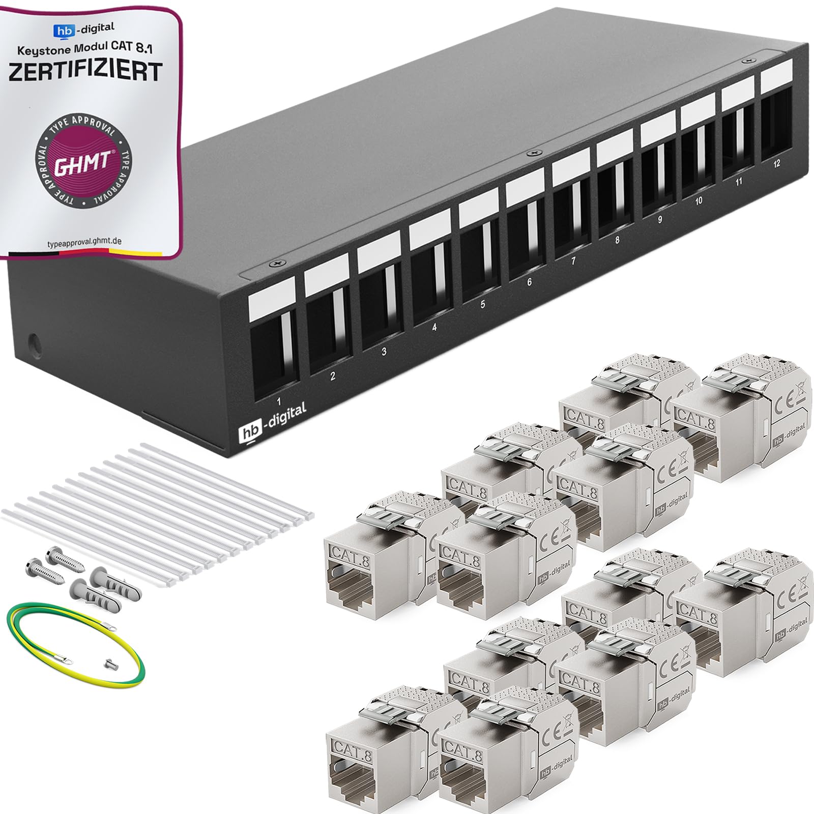 HB-DIGITAL Panel de conexiones de 12 puertos, 1 U, 12 módulos de conector Keystone RJ45, certificado GHMT, blindado STP 40 Gbps, compatible con cable de red LAN, color negro