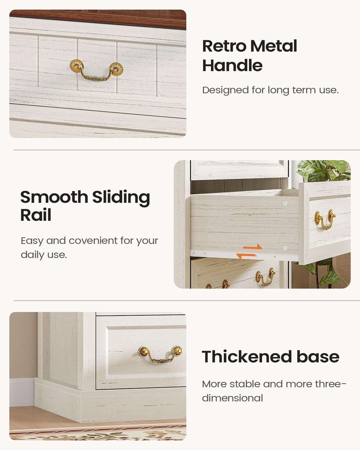 AOGLLATI Farmhouse Dresser with 6 Drawers, 51.2”Tall Wooden Rustic Chest of Drawers with Natural Texture, Vintage Design, Bedroom Dressers with Drawers for Bedroom, Antique White - Image 4