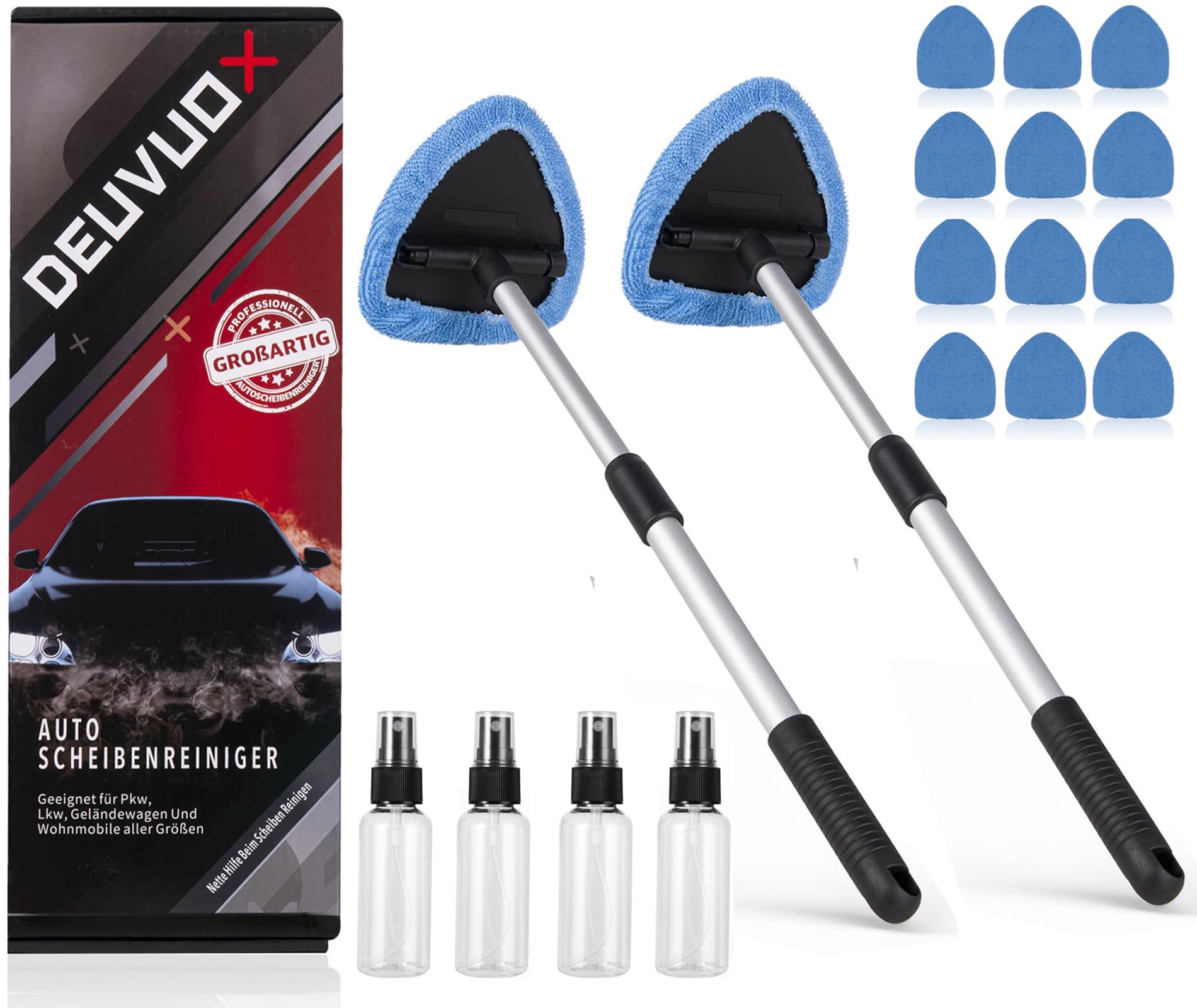 deuvuo 18 Pcs Windshield Cleaning Tool, Expandable Car Window Cleaner with 12 Reusable Microfiber Pads, 4 Spray Bottles, Multifunctional Auto