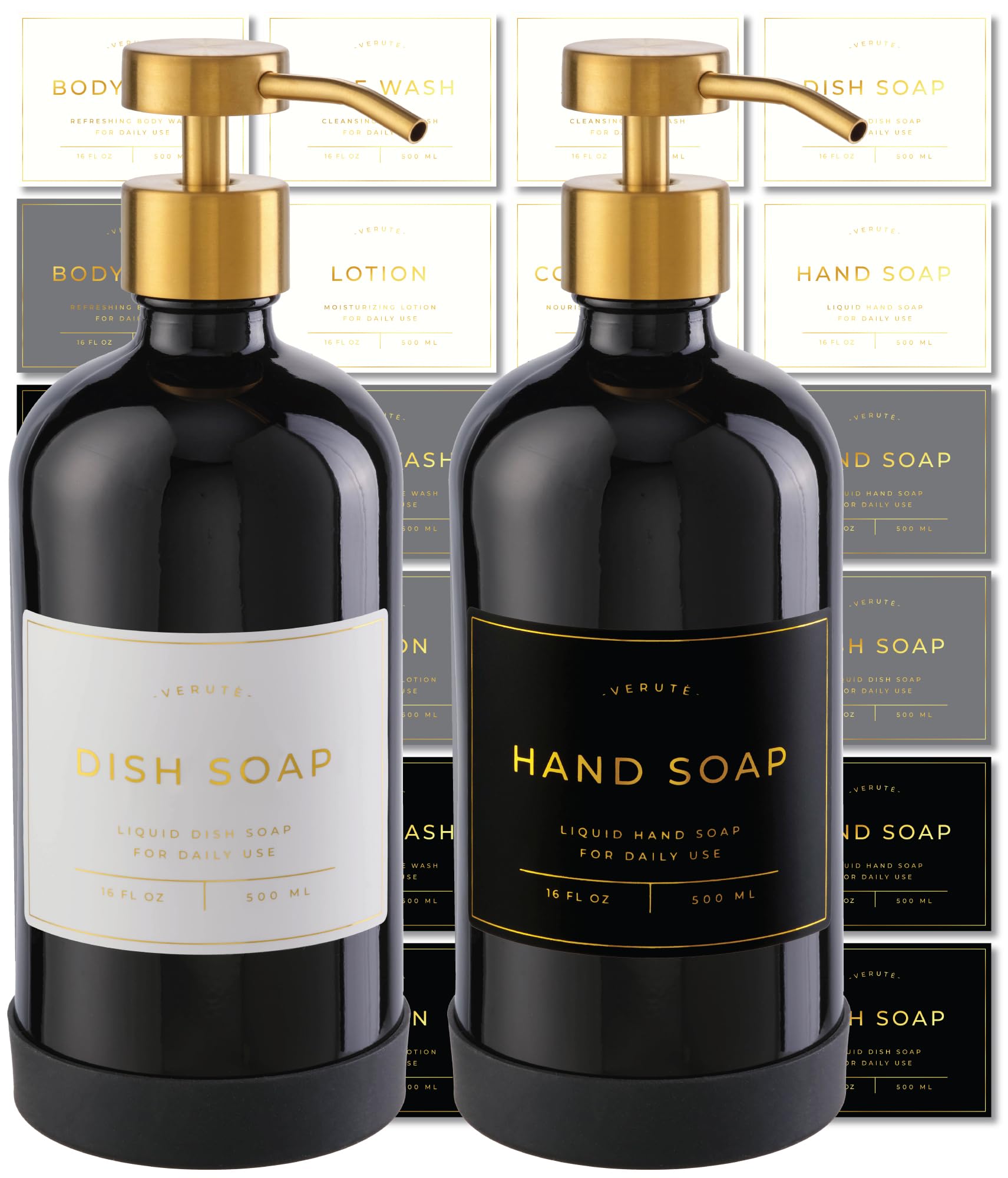 Glass Soap Dispenser Set for Kitchen & Bathroom - 2 x 500ml Refillable Glass Bottles with Stainless Steel Pumps, Non-Slip Silicone Base & 27 Waterproof Labels (Gloss Black Bottle/Brushed Gold Pump)